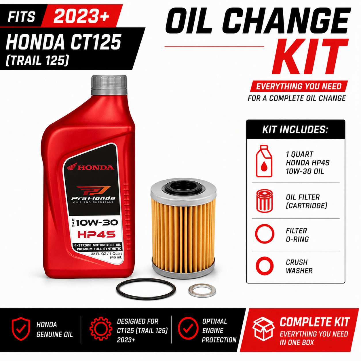 Oil Change Kit for 2023 + Honda CT125 Trail 125, Full Synthetic HP4S Oil - Harbor Town Honda & Polaris