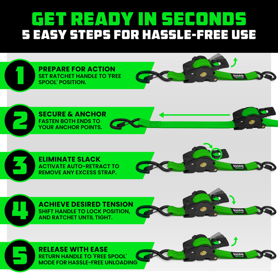 Rhino USA 1" x 10' Retractable Ratchet Straps (4-pack) - Harbor Town Honda & Polaris