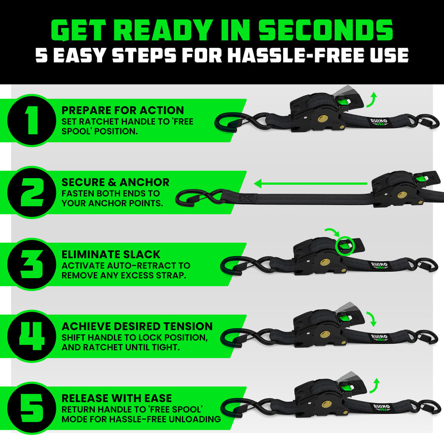 Rhino USA 1" x 10' Retractable Ratchet Straps - Harbor Town Honda & Polaris
