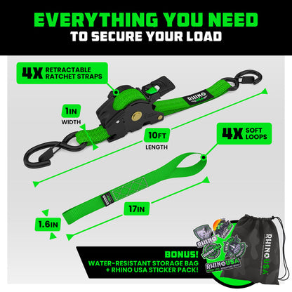 Rhino USA 1" x 10' Retractable Ratchet Straps (4-pack) - Harbor Town Honda & Polaris