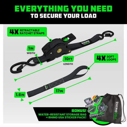 Rhino USA 1" x 10' Retractable Ratchet Straps - Harbor Town Honda & Polaris