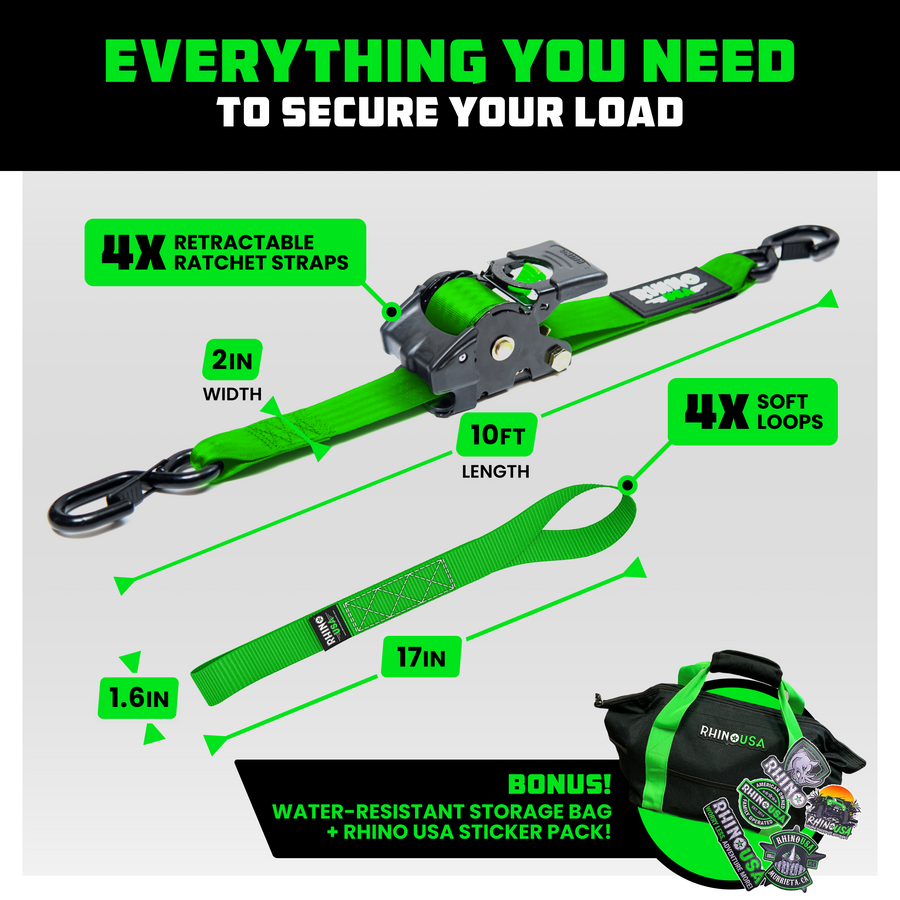 Rhino USA 2" x 10' Retractable Ratchet Straps (4-pack) - Harbor Town Honda & Polaris