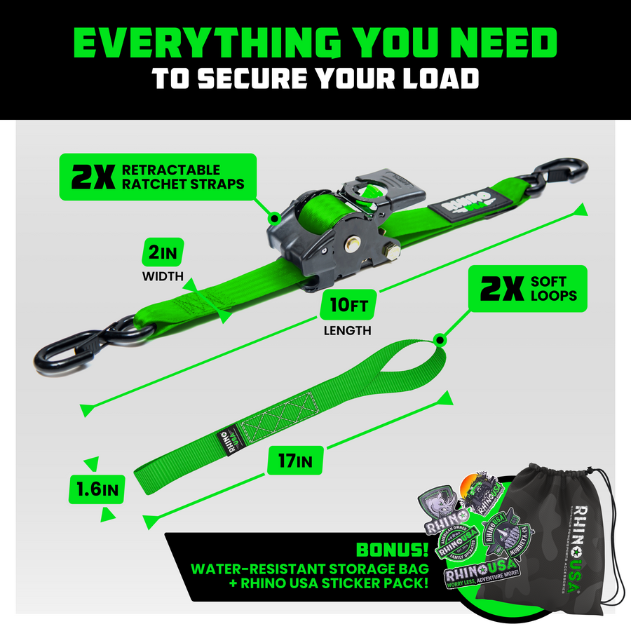 Rhino USA 2" x 10' Retractable Ratchet Straps (2-pack) - Harbor Town Honda & Polaris
